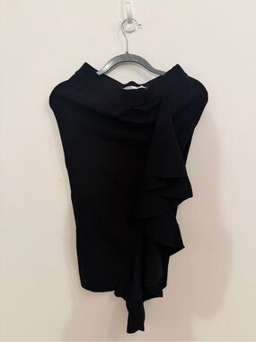 Zara Black Midi Skirt with Asymmetric Ruffle